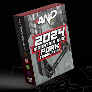 Puede incluir: Una caja roja con un diseño de horquilla de bicicleta de montaña blanco y negro. La caja tiene el texto "AND DESIGN" y "2024 MOUNTAIN BIKE FORK TEMPLATES". La caja está etiquetada con "MX-TEMPLATES.COM" y "100% TAMAÑO REAL".