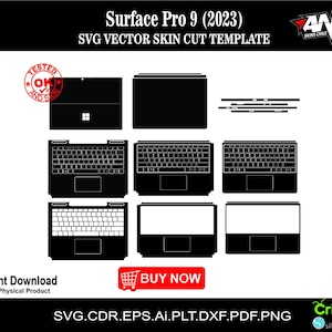 Puede incluir: Una plantilla digital en blanco y negro para una piel de portátil Surface Pro 9 (2023). La plantilla incluye líneas de corte para el teclado, el panel táctil y la cubierta superior. La plantilla está disponible para descarga instantánea en los formatos SVG, CDR, EPS, AI, PLT, DXF, PDF y PNG.