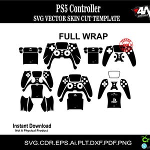 Puede incluir: Ilustración digital en blanco y negro de una plantilla de piel para mando PS5. La plantilla incluye todas las piezas necesarias para cubrir todo el mando. La imagen incluye el texto "PS5 Controller", "SVG VECTOR SKIN CUT TEMPLATE", "FULL WRAP", "Instant Download", "Not A Physical Product", "SVG.CDR.EPS.Ai.PLT.DXF.PDF.PNG" y "Cricut silhouette".