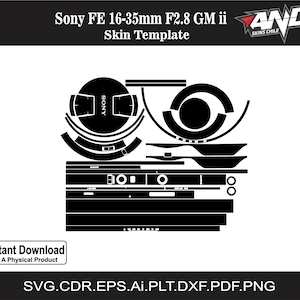 May include: Black and white digital camera skin template for the Sony FE 16-35mm F2.8 GM ii lens. The template includes cutouts for the lens controls and the Sony logo.