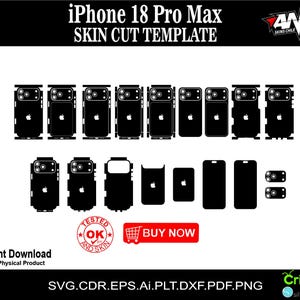 Puede incluir: Una plantilla de corte digital negra para iPhone 18 Pro Max, que presenta varias formas adhesivas para el cuerpo del teléfono, el módulo de cámara y la pantalla. La imagen incluye el texto iPhone 18 Pro Max SKIN CUT TEMPLATE, TESTED OK y BUY NOW.