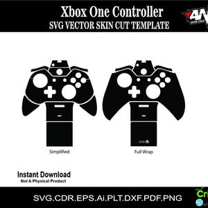 Puede incluir: Plantilla vectorial en blanco y negro para una piel de mando Xbox One. La plantilla muestra dos versiones: una versión simplificada y una versión de envoltura completa.