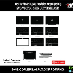 Puede incluir: Una plantilla digital en blanco y negro para una piel de portátil Dell Latitude E6540 o Precision M2800. La plantilla incluye contornos para la parte superior, el teclado y la pantalla del portátil. El texto "AND SKINS CHILE" está en la esquina superior derecha de la imagen.