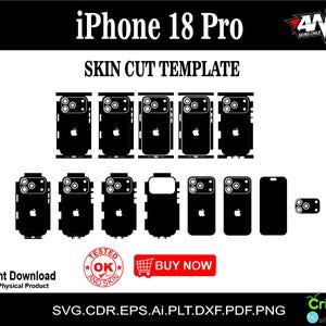 Puede incluir: Una plantilla de corte de skin digital para iPhone 18 Pro con contornos vectoriales negros de varios componentes del teléfono. El gráfico incluye el texto iPhone 18 Pro, SKIN CUT TEMPLATE, Instant Download, Not A Physical Product y BUY NOW.