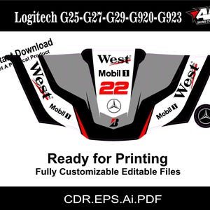 Op de afbeelding: Een zwart-witte raceauto-sticker met rode accenten. De sticker heeft de woorden "West" en "Mobil" en het nummer "22". De sticker is ontworpen voor Logitech G25, G27, G29, G920 en G923 racewielen.