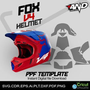 Puede incluir: Un casco Fox V4 rojo y azul con un logotipo V4 blanco. El casco está rodeado de una plantilla para una pintura personalizada. La plantilla incluye varias formas y líneas que se pueden utilizar para crear un diseño único.