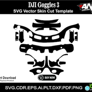 Puede incluir: Una plantilla de corte de piel vectorial SVG en blanco y negro para DJI Goggles 3. La plantilla incluye varias piezas para las gafas, incluyendo la parte delantera, los lados y la parte superior.