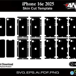 May include: A black and white template for a phone skin for the iPhone 16e 2025. The template shows the outline of the phone and its buttons. The text "iPhone 16e 2025" and "Skin Cut Template" is at the top of the image. The text "AND SKINS CHILE" is in the top right corner of the image. The text "Instant Download" and "Not A Physical Product" is at the bottom left of the image. The text "SVG.EPS.Ai.PDF.PNG" is at the bottom center of the image. The text "BUY NOW" is in a shopping cart icon at the bottom right of the image. The text "Cricut silhouette" is at the bottom right of the image.