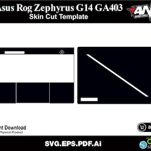 Puede incluir: Plantilla de corte de piel en blanco y negro para un portátil Asus Rog Zephyrus G14 GA403. La plantilla incluye contornos para la pantalla y el teclado. La imagen también incluye el texto "Descarga instantánea".