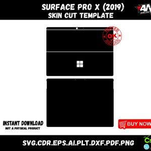 May include: A digital template for a Surface Pro X (2019) skin cut. The template is black and white and shows the outline of the device, including the keyboard and screen. The text "Instant Download" and "Not a Physical Product" is at the bottom of the image. The text "SVG.CDR.EPS.AI.PLT.DXF.PDF.PNG" is at the bottom of the image. The text "Buy Now" is in a red rectangle at the bottom right of the image.