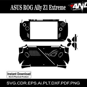 Könnte beinhalten: Schwarz-weiße digitale Vorlage für ein ASUS ROG Ally Z1 Extreme-Spielgerät. Das Design zeigt die Vorder- und Rückseite des Geräts mit Aussparungen für Tasten und Lüftungsschlitze. Der Text "ASUS ROG Ally Z1 Extreme" und "Sofort-Download" sind sichtbar.