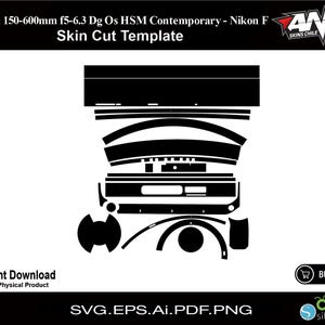 Puede incluir: Una plantilla de corte digital en blanco y negro para un objetivo Sigma 150-600mm f5-6.3 Dg Os HSM Contemporary. La plantilla incluye varias piezas para cubrir el cuerpo del objetivo y el parasol.