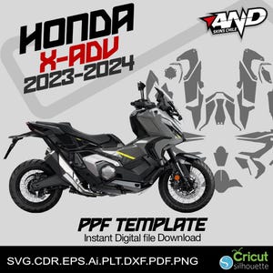 Könnte beinhalten: Ein graues Honda X-ADV Motorrad mit schwarzen und gelben Akzenten. Das Motorrad wird mit einer Vorlage für eine Schutzfolie (PPF) gezeigt. Die Vorlage ist in Schwarzweiß dargestellt. Der Text "HONDA X-ADV 2023-2024" ist in Schwarzweiß oben im Bild dargestellt. Der Text "AND SKINS CHILE" ist in Weiß und Rot oben rechts im Bild dargestellt. Der Text "PPF TEMPLATE Instant Digital file Download" ist in Schwarzweiß unten im Bild dargestellt. Der Text "SVG.CDR.EPS.Ai.PLT.DXF.PDF.PNG" ist in Schwarzweiß unten im Bild dargestellt. Der Text "Cricut silhouette" ist in Grün und Weiß unten rechts im Bild dargestellt.