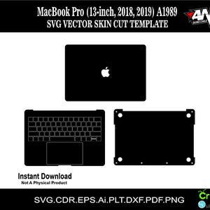 Könnte beinhalten: Schwarz-weiß-Silhouetten-Schnittvorlage für ein 13-Zoll MacBook Pro, Modell A1989, für die Jahre 2018 und 2019. Die Vorlage umfasst die obere, untere und Tastaturbereiche des Laptops. Der Text "AND SKINS CHILE" befindet sich in der oberen rechten Ecke des Bildes.