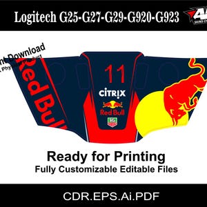 May include: A blue and red racing car design featuring the text "Citrix" and "Red Bull". The design also includes the number "11" and the text "Logitech G25-G27-G29-G920-G923".
