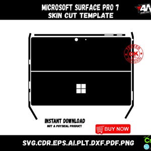 May include: A black and white digital template for a Microsoft Surface Pro 7 skin. The template shows the outline of the device with the Microsoft logo and a cutout for the camera.