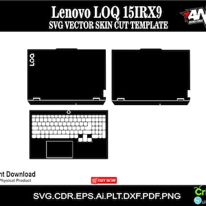 May include: Black and white silhouette cut template for a Lenovo LOQ 15IRX9 laptop. The template includes the laptop lid, keyboard, and touchpad.