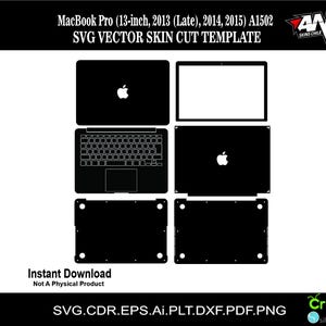 Puede incluir: Una plantilla digital en blanco y negro para una piel de MacBook Pro de 13 pulgadas, compatible con los modelos de 2013 a 2015. La plantilla incluye líneas de corte para la pantalla, el teclado, el trackpad y la carcasa inferior. El texto "Descarga instantánea" y "No es un producto físico" está incluido en la imagen.