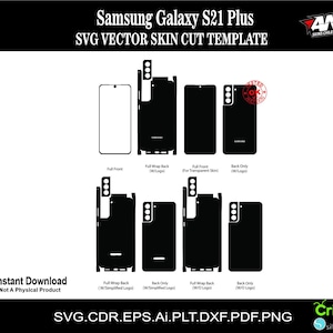 Puede incluir: Una plantilla de descarga digital para una piel de teléfono Samsung Galaxy S21 Plus. La plantilla incluye diferentes vistas del teléfono, incluyendo la parte delantera, la trasera y los lados. La plantilla está diseñada para ser utilizada con una máquina de corte para crear pieles de teléfono personalizadas.