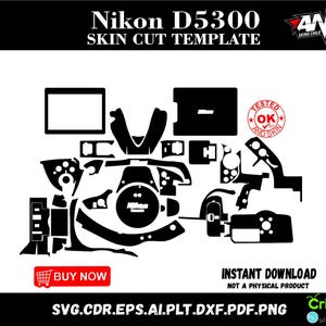 May include: Black and white skin cut template for a Nikon D5300 camera. The template includes various cut-out shapes for different parts of the camera. The image also includes the text "BUY NOW" and "INSTANT DOWNLOAD NOT A PHYSICAL PRODUCT".
