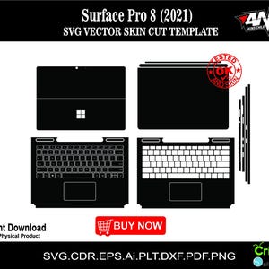 May include: Black and white digital illustration of a laptop computer with a keyboard and trackpad. The image includes the text "Surface Pro 8 (2021)" and "SVG VECTOR SKIN CUT TEMPLATE".