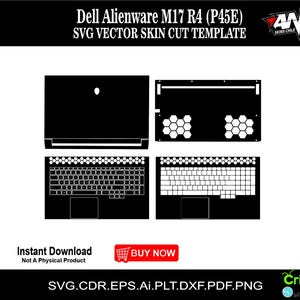 Könnte beinhalten: Eine schwarz-weiße digitale Schnittvorlage für eine Dell Alienware M17 R4 (P45E) Laptop-Haut. Die Vorlage umfasst den Laptop-Deckel, die Tastatur und das Touchpad.