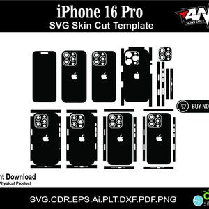 Pode incluir: Um modelo digital preto e branco para uma pele de iPhone 16 Pro. O modelo inclui todos os recortes para a câmera, botões e portas do telefone. O modelo é rotulado como "iPhone 16 Pro SVG Skin Cut Template".
