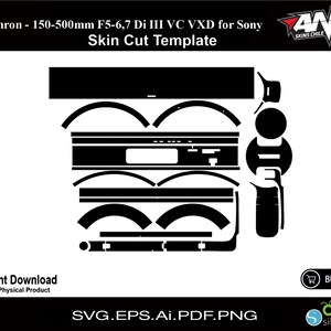 Puede incluir: Plantilla de corte digital en blanco y negro para un objetivo Tamron 150-500 mm F5-6,7 Di III VC VXD para cámaras Sony. La plantilla incluye varias piezas para el cuerpo del objetivo y la tapa del objetivo.