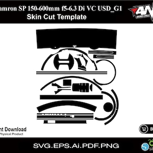 Puede incluir: Plantilla de corte de piel en blanco y negro para un objetivo Tamron SP 150-600 mm f5-6.3 Di VC USD_G1. La plantilla incluye varias piezas para cubrir el cuerpo del objetivo y el parasol.