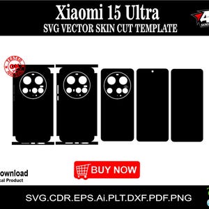 May include: A digital template for a Xiaomi 15 Ultra phone skin. The template shows the phone's screen, back, and camera area. The template is black and white and includes the text "Xiaomi 15 Ultra" and "SVG VECTOR SKIN CUT TEMPLATE".