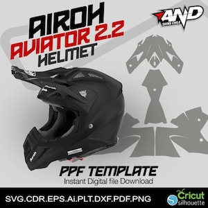 Könnte beinhalten: Ein schwarzer Airoh Aviator 2.2 Motorradhelm mit einer PPF-Schablone zum Anpassen des Helms. Die Schablone ist zum sofortigen digitalen Download in den Formaten SVG, CDR, EPS, AI, PLT, DXF, PDF und PNG verfügbar.