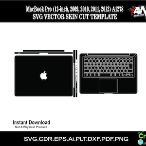Puede incluir: Silueta en blanco y negro de un portátil MacBook Pro, mostrando la parte superior e inferior del dispositivo. El texto "MacBook Pro (13 pulgadas, 2009, 2010, 2011, 2012) A1278" y "SVG VECTOR SKIN CUT TEMPLATE" se muestra encima del portátil. El texto "Descarga instantánea" y "No es un producto físico" se muestra debajo del portátil. El texto "SVG.CDR.EPS.Ai.PLT.DXF.PDF.PNG" se muestra debajo del portátil. El texto "Cricut" y "silhouette" se muestra en la esquina inferior derecha de la imagen.