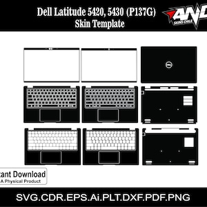 May include: A black and white skin template for Dell Latitude 5420 and 5430 (P137G) laptops. The template includes outlines for the screen, keyboard, and bottom of the laptop. The image also includes the text "Instant Download" and "Not A Physical Product".