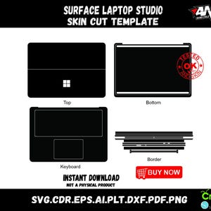 May include: A black and white digital template for a Surface Laptop Studio skin. The template includes outlines for the top, bottom, keyboard, and border of the laptop. The text "Surface Laptop Studio Skin Cut Template" is at the top of the image. The text "SVG.CDR.EPS.AI.PLT.DXF.PDF.PNG" is at the bottom of the image.