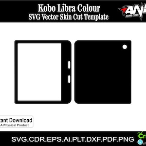 Puede incluir: Una ilustración digital en blanco y negro de un lector electrónico Kobo Libra Colour. La imagen muestra la parte delantera y trasera del lector electrónico. El texto "Kobo Libra Colour" y "SVG Vector Skin Cut Template" se muestra encima de la imagen. El texto "AND SKINS CHILE" se muestra en la esquina superior derecha de la imagen. El texto "Descarga instantánea No es un producto físico" se muestra debajo de la imagen. El texto "SVG.CDR.EPS.Ai.PLT.DXF.PDF.PNG" se muestra debajo de la imagen. El texto "Cricut silhouette" se muestra en la esquina inferior derecha de la imagen.