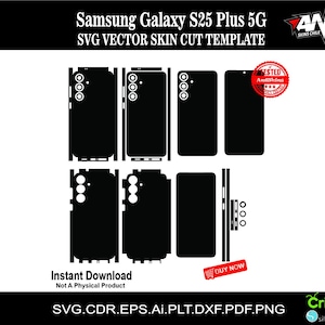 Puede incluir: Plantilla de corte de piel vectorial SVG negra para un Samsung Galaxy S25 Plus 5G. El diseño incluye contornos para la parte delantera, trasera y laterales del teléfono, con el texto "Descarga instantánea" y "Comprar ahora".