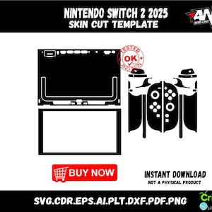 Könnte beinhalten: Schwarz-weiß Skin-Cut-Vorlage für Nintendo Switch 2 2025. Das Design umfasst Umrisse für Konsole und Controller. Das Wort "JETZT KAUFEN" steht in einem roten Rechteck. Das Bild enthält auch den Text "SOFORT-DOWNLOAD KEIN PHYSISCHES PRODUKT".