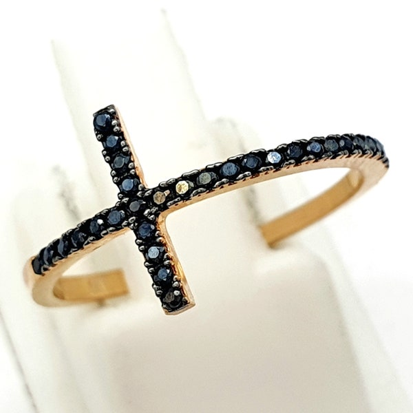 Cross Ring, Cross Ring with 18k Gold Zircons, Rose Gold Ring, Religious Ring