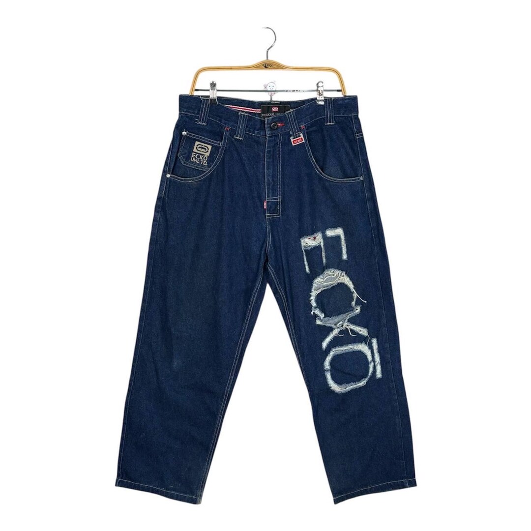 Thrashed Y2K ECKO UNLTD Distressed Baggy Blue Jeans Skater Style