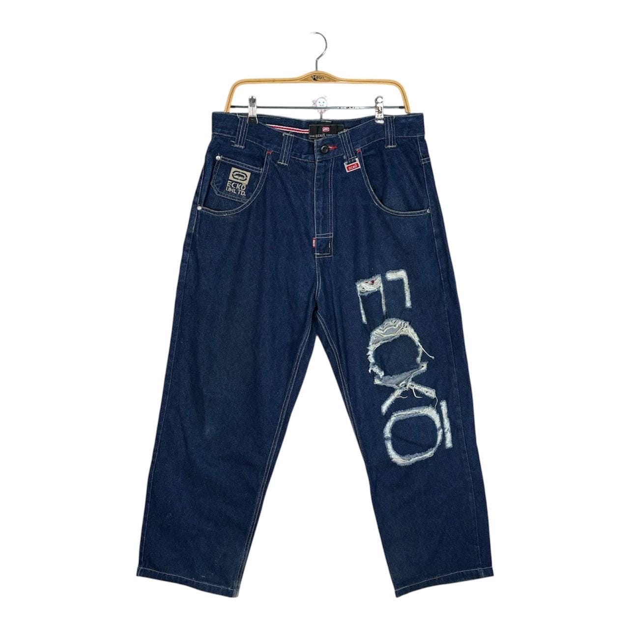 Thrashed Y2K ECKO UNLTD Distressed Baggy Blue Jeans Skater Style