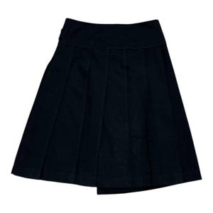 May include: A black skirt with a pleated design. The skirt has a fitted waistband and a knee-length hemline. Vertical stitching details run down the front of the skirt.