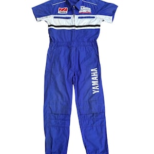 Vintage 90s Yamaha Racing Team Japan Coverall Blue Jumpsuit Pit Stop Motorcycle Race Overall