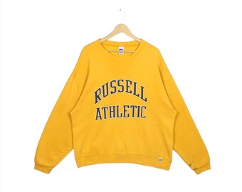 Vintage 90s Distressed Russel Athletic Crewneck Sweatshirt Yellow Baggy Pullover Sweater Oversized Streetwear