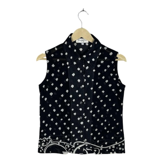Vintage Christian Dior 90s Sheer Polka Dot Blouse - Black Silk Sleeveless Shirt - Designer Archival Fashion - Size L - Mint Condition