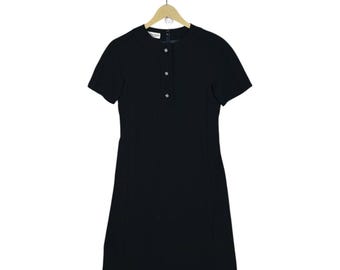 Vintage jaren 80 Miss Balmain Paris zwarte jurk met logoknopen | Authentieke designerjurk uit het mod-tijdperk | Franse mode uit het midden van de eeuw, maat 11