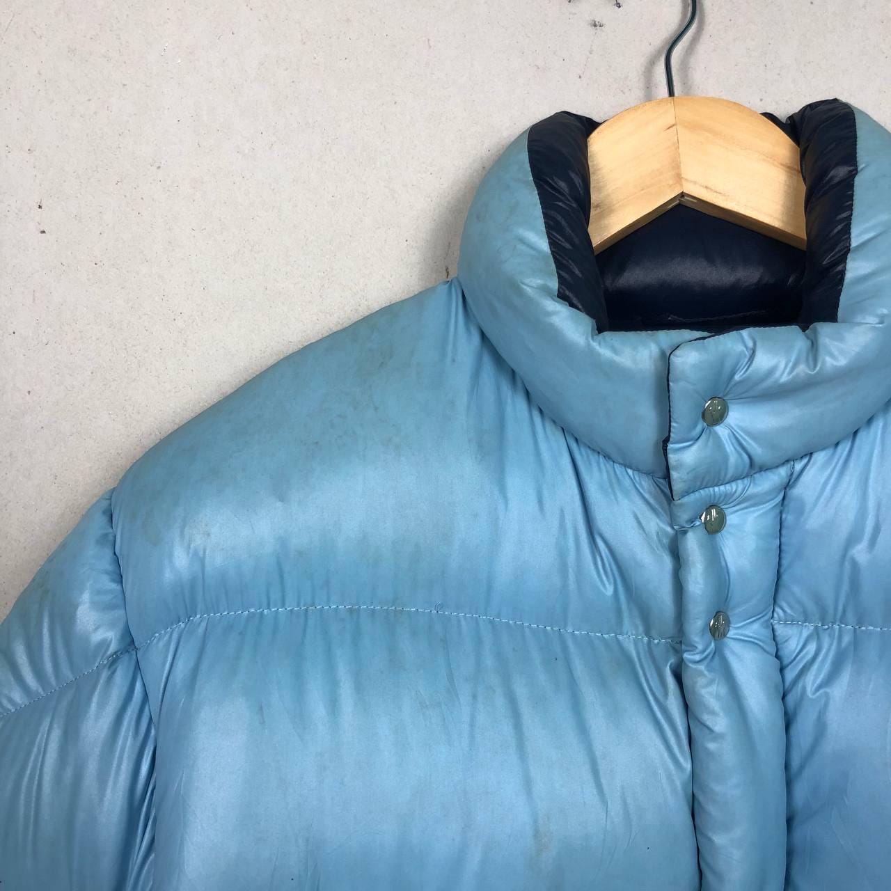 Vintage 80s Moncler Puffer Jacket S/M Light Blue Ski Wear Glossy 