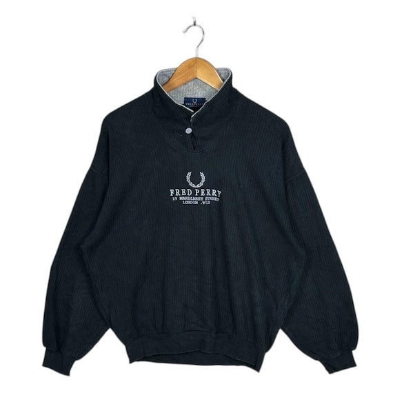 Fred Perry, Vintage Fred Perry Sweatshirt Large Made in Japan Blue Ribbed Button Neck Jumper 90s Streetwear Pullover Embroidered Laurel Wreath Sweater