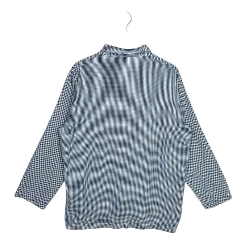 May include: A long-sleeved shirt with a blue and white checkered pattern, hanging on a white hanger. The shirt has a collared neckline and a relaxed fit. The fabric appears to be lightweight.