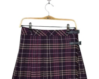 Vintage Burberry Blue Label Purple Plaid Kilt Mini Skirt - 100% Wool Pleated Tartan Wrap Skirt with Leather Straps - Size S 36 Y2K Japanese