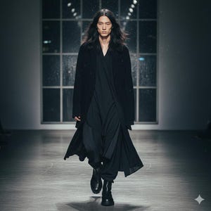 Może przedstawiać: Osoba w warstwowej czarnej stylizacji, w tym długi płaszcz, zwiewna sukienka i spodnie. Str&oacute;j jest połączony z czarnymi butami. Tło przedstawia duże okno i słabo oświetlone, neutralne otoczenie, tworząc dramatyczne oświadczenie modowe.